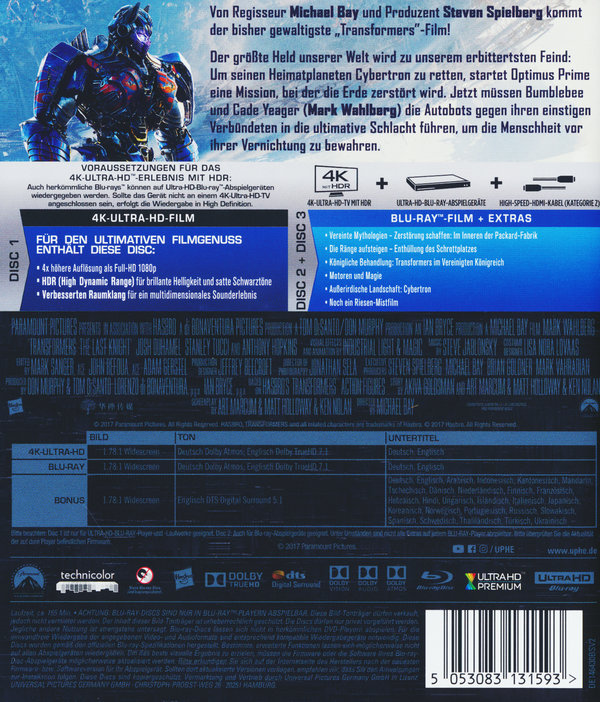 Transformers 5 - The Last Knight  (4K Ultra HD) (+ Blu-ray) (+ Bonus-Disc)  (Blu-ray 4K Ultra HD)