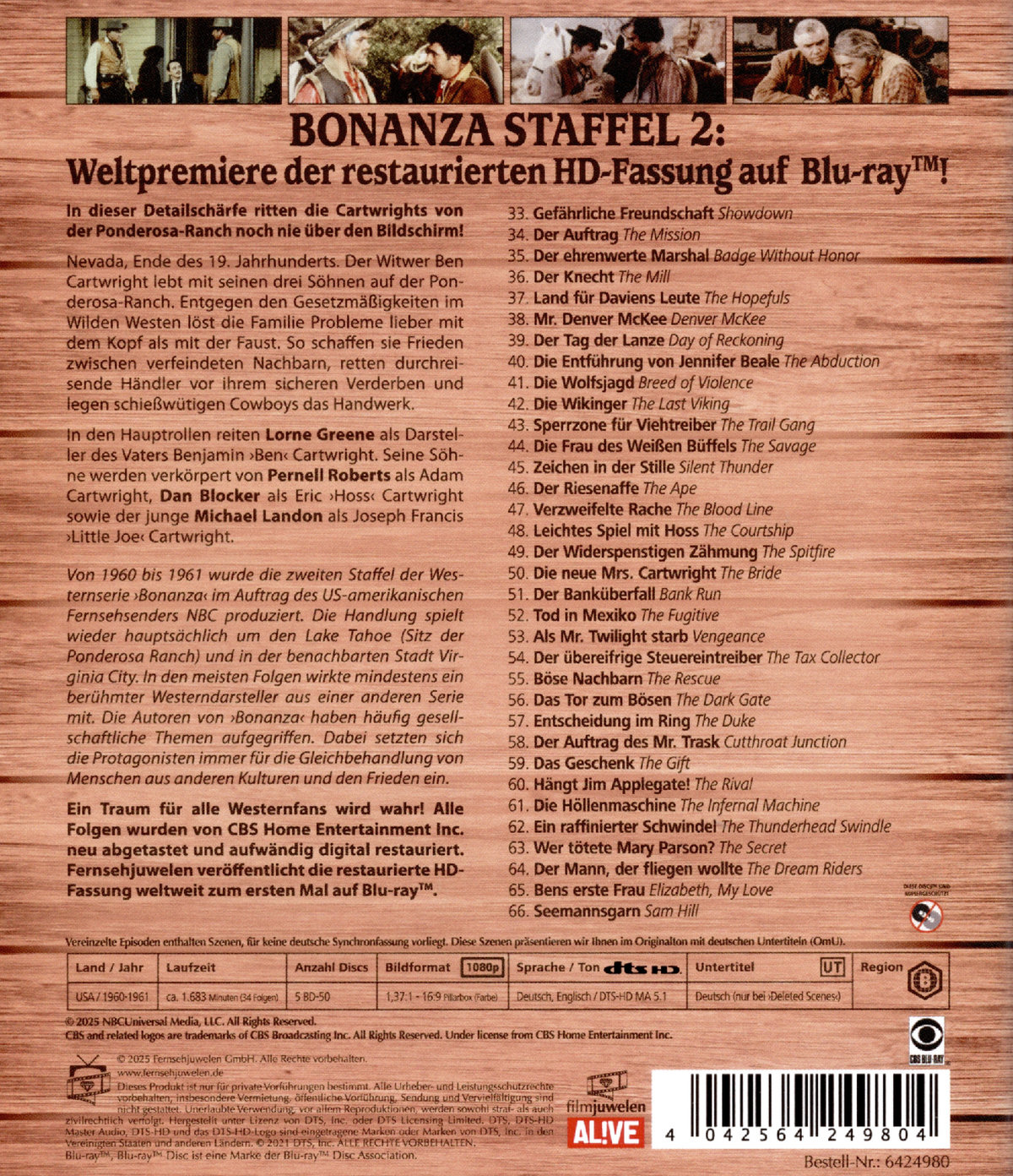 Bonanza Restored - Staffel 2: Alle 34 Folgen erstmals in HD (Paramount Restoration)  [5 BRs]  (Blu-ray Disc)
