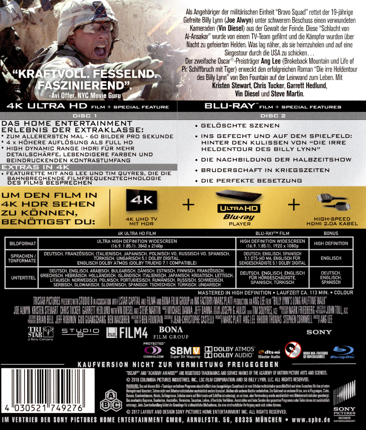 Die irre Heldentour des Billy Lynn  (4K Ultra HD) (+ Blu-ray 2D)  (Blu-ray 4K Ultra HD)