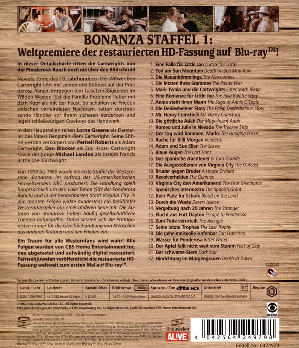 Bonanza Restored - Staffel 1: Alle 32 Folgen erstmals in HD (Paramount Restoration)  [5 BRs]  (Blu-ray Disc)
