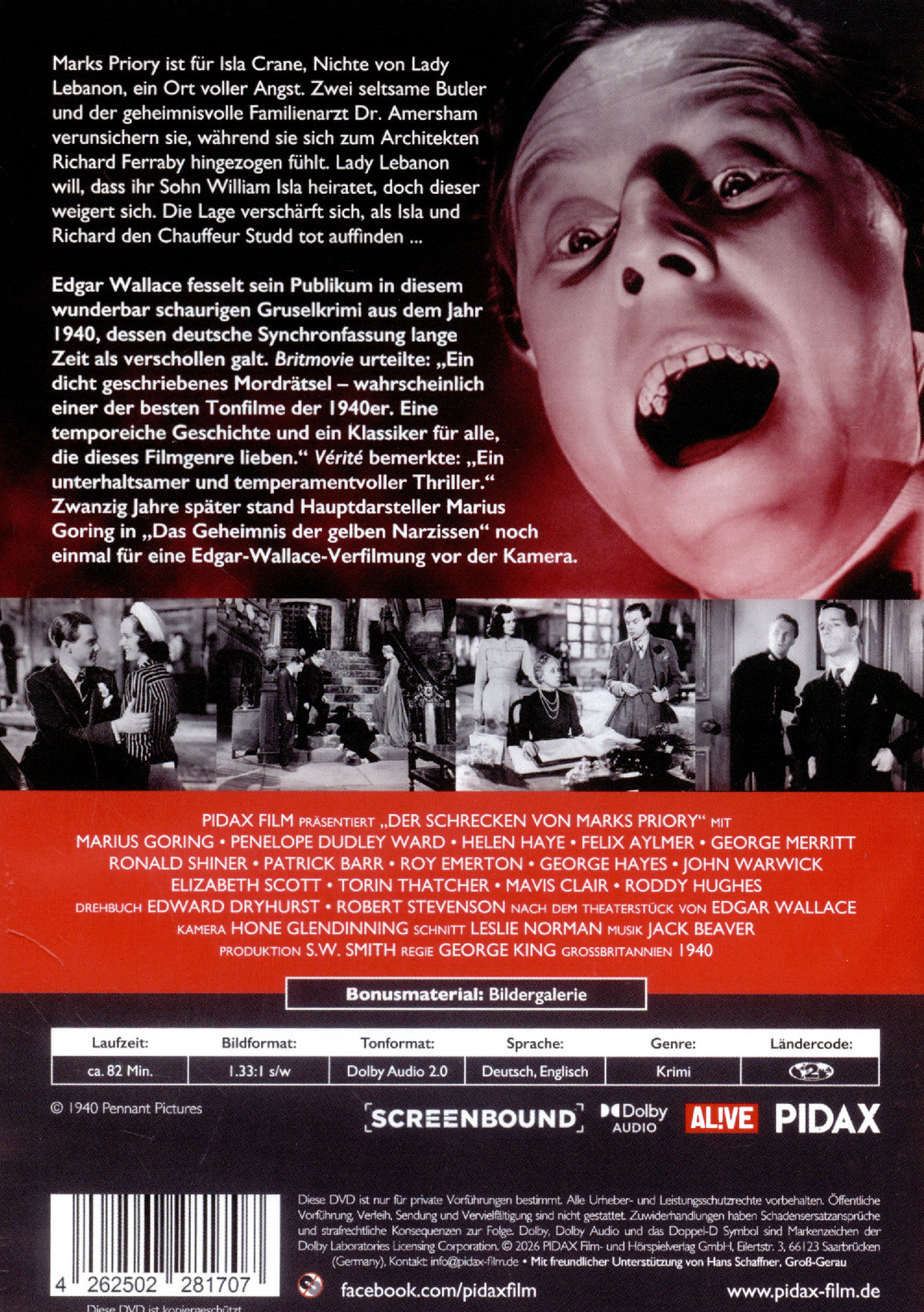 Edgar Wallace: Der Schrecken von Marks Priory (The Case of the Frightened Lady) / Schauriger Gruselkrimi mit wiederentdeckter deutscher Synchronisation (Pidax Film-Klassiker)  (DVD)