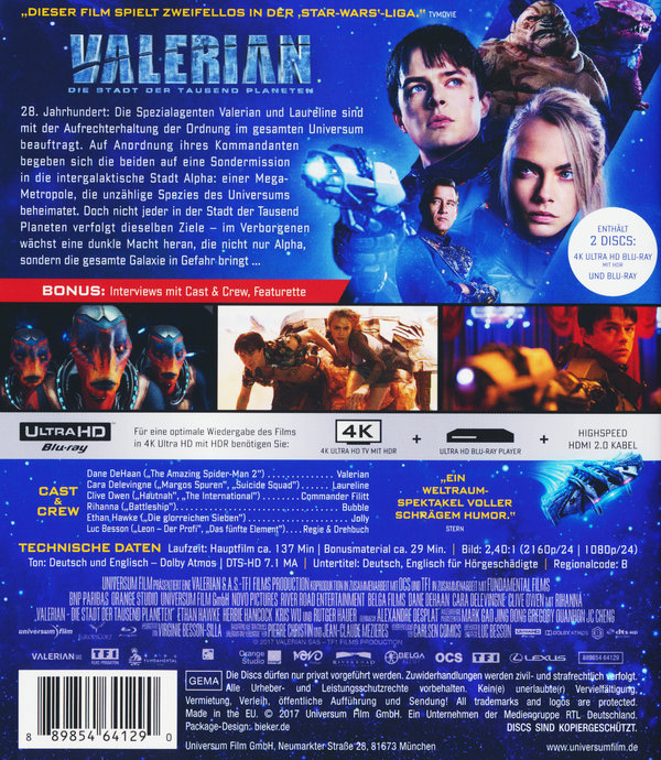 Valerian - Die Stadt der tausend Planeten  (4K Ultra HD) (+ Blu-ray)  (Blu-ray 4K Ultra HD)