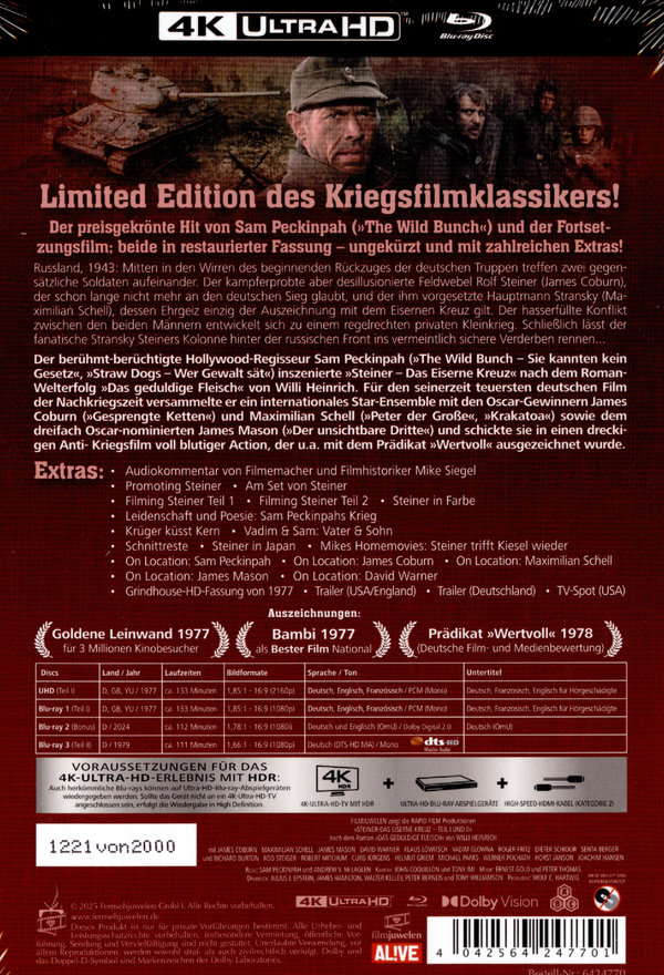 Steiner - Das Eiserne Kreuz - Teil 1+2 - Uncut Mediabook Edition  (4K Ultra HD+blu-ray) Steiner - Das Eiserne Kreuz - Teil 1+2 - Uncut Mediabook Edition  (4K Ultra HD+blu-ray)