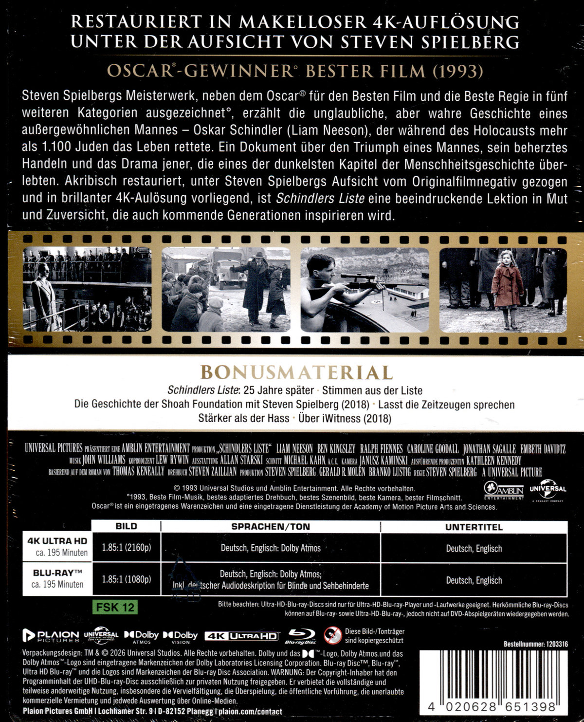 Schindlers Liste - Limited Steelbook Edition  (4K-Ultra HD+2 Blu-rays)